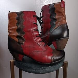 Remonte Leather Lace Up Ankle Boots Womens Sz 37 (6.5–7) Patchwork Boho Witchy